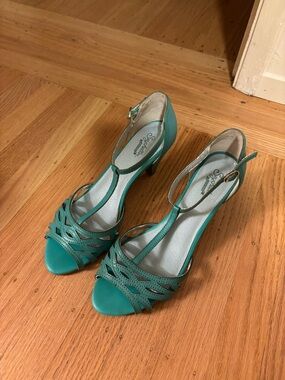Teal T-Strap Peep-Toe Heels